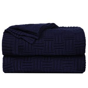 100% Cotton Cable Knit Throw Blanket Sofa Throw Blankets 47"x 70" Navy Blue